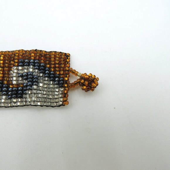 Handmade Beaded Cuff Bracelet Seed Bead Wave Pattern Amber Silver Black Boho - Picture 5 of 10